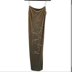Vintage Y2K Donna Morgan Olive Green Velvet‎ Beaded Slip Dress